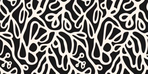 Vector abstract seamless pattern with organic shapes, botanical elements, cellular structures, liquid lines. Simple monochrome background. Black and white ornament texture in boho style. Repeat design