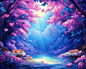 Fototapeta premium A serene, enchanting scene featuring two tables set with desserts under a canopy of purple trees, illuminated by soft light and floating hearts, creating a romantic atmosphere.