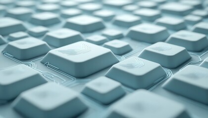 A close-up view of a modern keyboard with sleek, raised keys and intricate circuit patterns, emphasizing technology and design.