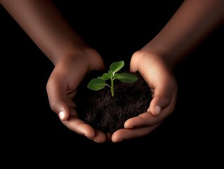 Nurturing hope with delicate hands cradling a young plant on a dark background