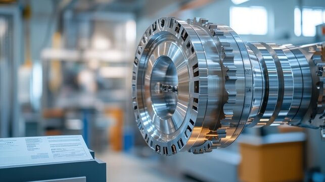 Close up highlighting a complex metallic component of an industrial extruder machine, emphasizing precision engineering and advanced manufacturing in a factory setting