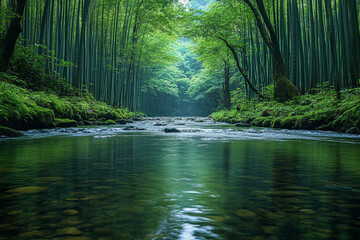 Obraz premium Serene Stream Flows Through Lush Bamboo Forest