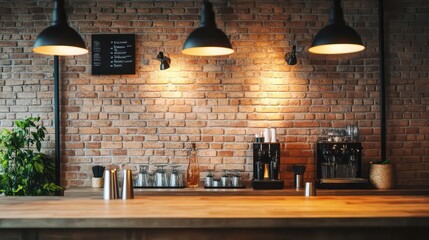 Empty wooden bar counter in a trendy cafe with brick wall, industrial lighting, and coffee equipment.