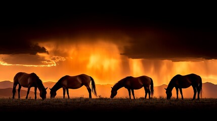 Four horses grazing in silhouette during a dramatic sunset with rain.