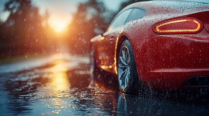 Red sports car parked on wet road at sunset.
