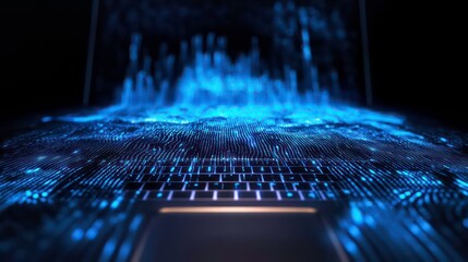 Abstract blue data flow over laptop keyboard.
