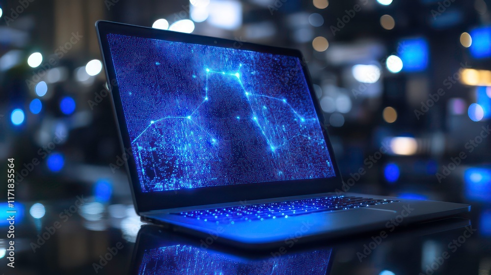 Poster Laptop displaying a glowing network connection graphic on its screen, sitting on a reflective surface with a blurred background.