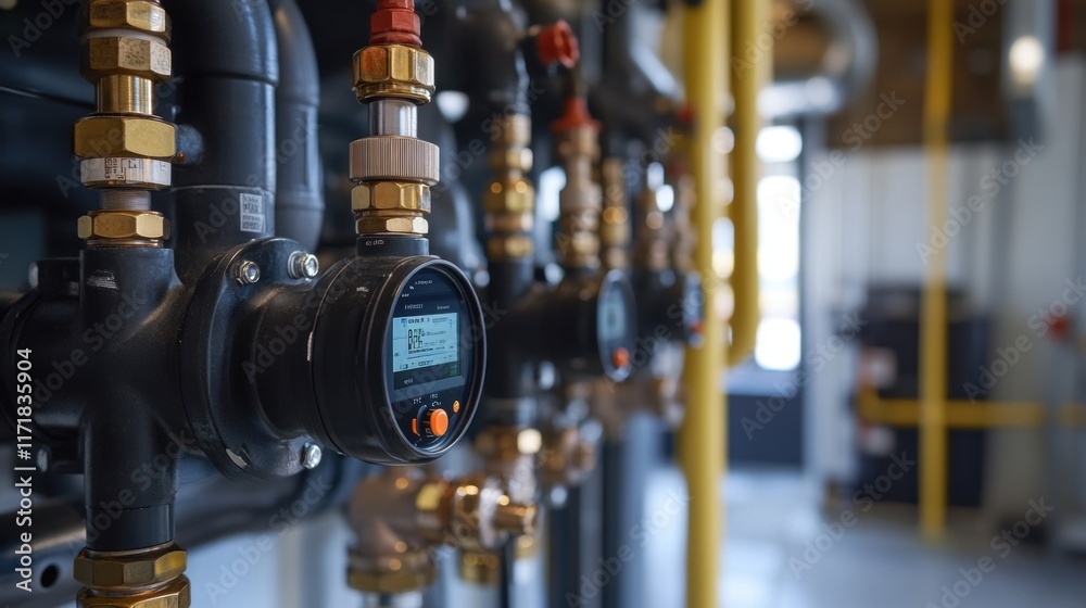 Poster modern monitoring system uses digital displays to control industrial pipes, providing real time data