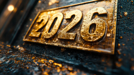 Golden slick metallic shiny numbers showing "2026" with a sleek reflective surface isolated on a blurred plain background creating a futuristic minimalistic vibe and inviting a sense of optimism and r