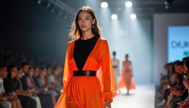 Stylish model walks runway fashion show. Audience watches. Bright lights illuminate stage. High-fashion collection. Trendy clothing. Fashionable clothes, looks. Woman wearing stylish orange dress.