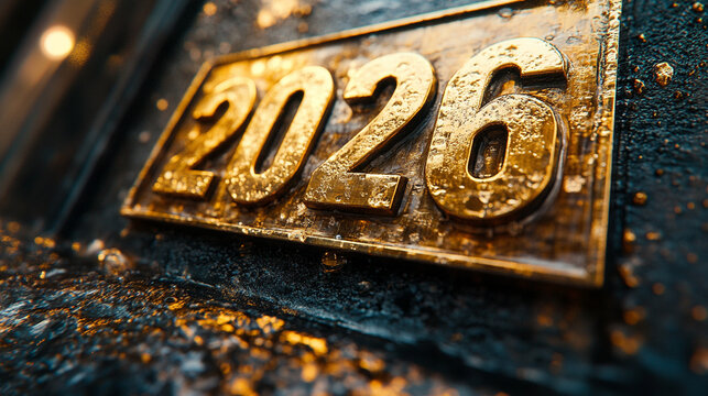 Golden slick metallic shiny numbers showing "2026" with a sleek reflective surface isolated on a blurred plain background creating a futuristic minimalistic vibe and inviting a sense of optimism and r