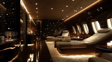 Luxurious private jet interior with reclining seats, bar, and ambient lighting.