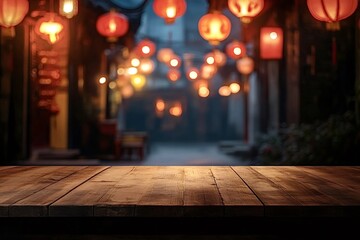 Empty wooden tabletop perspective for product placement or montage with blurry chinese lanterns...