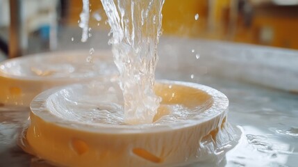 Water stream pouring into cheese molds during the cheesemaking process in a modern dairy factory, showcasing traditional methods with industrial precision