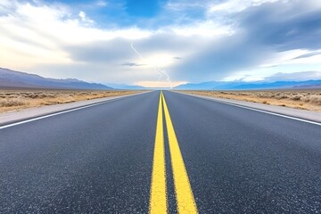 Dramatic lightning illuminating the sky over an empty asphalt road, stretching through a vast desert landscape and leading toward distant mountains under an ominous stormy atmosphere