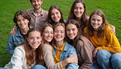 Fototapeta premium Group of happy young people posing together joyfully on the green grass