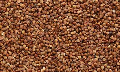 Buckwheat groats, top view. Raw large buckwheat grains, uncooked porridge. Buckwheat background. Raw buckwheat texture background, brown grains pattern