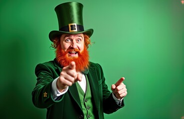 Excited leprechaun in green suit points directly at viewer. Man wears green hat, red beard. Happy, enthusiastic. Saint Patrick Day celebration. Portrait photo against green background. Looks ready