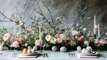 Elegant spring feast table setting with Easter decorations and pastel colors