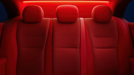 Fototapeta premium A sleek car interior featuring plush red seats illuminated by ambient lighting, creating a modern and stylish atmosphere.