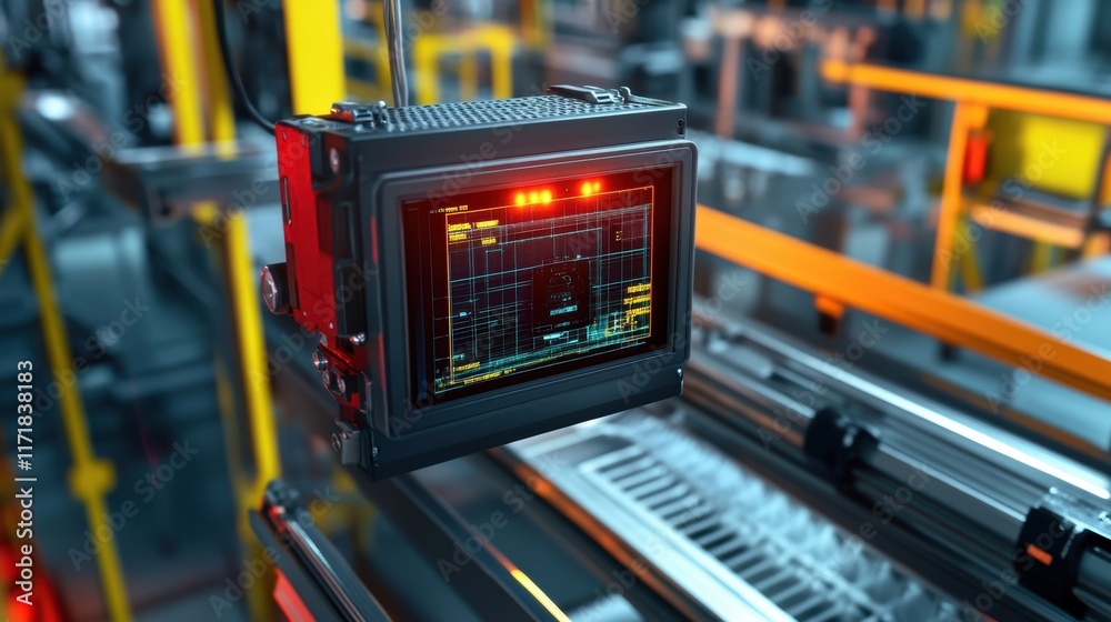 Poster automated production line monitoring system displaying data and parameters on a screen, ensuring eff