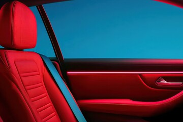 A vibrant car interior featuring striking red and blue lighting, showcasing modern design and sleek aesthetics.