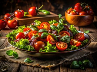 Dark moody food photography captures illuminated salad tomatoes, a delicious vegan dinner.
