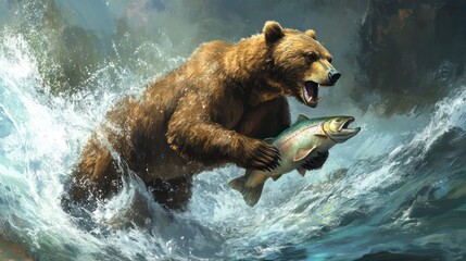 Fototapeta premium Grizzly bear catching salmon in a river.