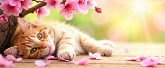 Ginger cat resting under blooming cherry blossom tree