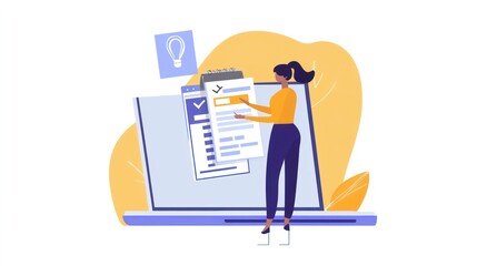 Woman reviewing checklist on laptop, planning tasks, online form, project management.