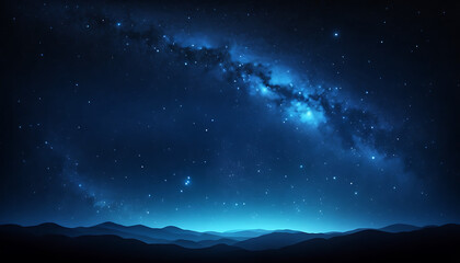 Obraz premium Starry sky background, blue night sky full of stars, glowing stars in the dark space, starry background, dark night, stars in the distance, starlight, dark background with a blue glow, night sky. 