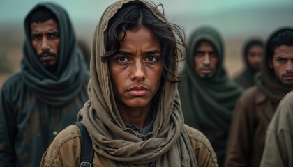 Fototapeta premium Group of refugees walk in desolate area. People poor, distressed. Affected by conflict. Young girl walks amidst displaced people. People escape disaster, destruction. Seek help in social crisis.