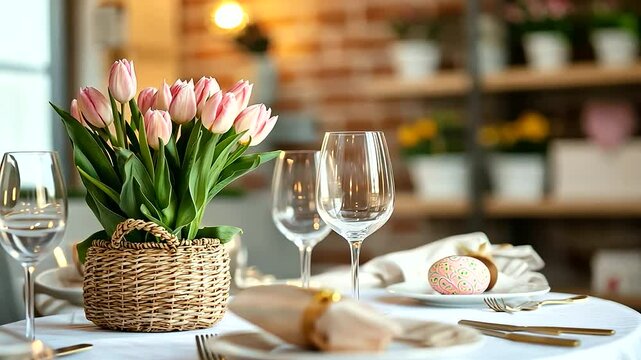 Cozy Easter Dining Setup with Tulips and Pastel Accents