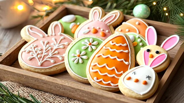 Delightful Easter Cookies with Pastel Icing and Rustic Display