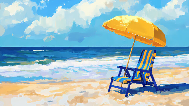 A blue and yellow beach chair with a beach umbrella on it concept ai. Sunchaser. Illustration