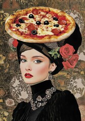 A stylish woman with a pizza-themed hat combines fashion and humor in a unique artistic expression.