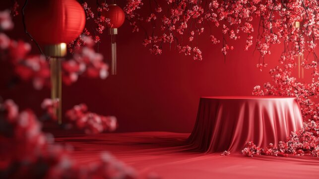 Elegant Chinese couplets and lanterns set against a vibrant red background for festive gatherings