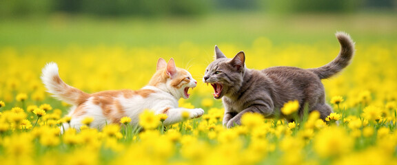 Two cats playing in yellow flower field