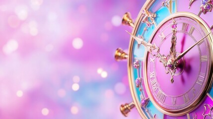 Elegant clock with astrological designs and Roman numerals, featuring a vibrant pink and blue gradient background with soft bokeh lights