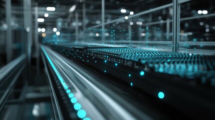 Server racks with glowing lights and data flowing represent a modern data center, symbolizing information technology, cloud computing, and network infrastructure