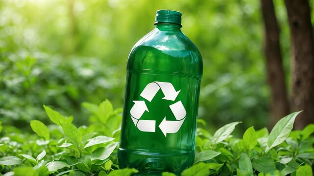 A green bottle with a recycling symbol on it is sitting in a field of green grass. The bottle is empty and ready to be recycled. The image conveys the importance of recycling