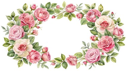 A delicate pink rose watercolor floral frame, ideal for romantic wedding or anniversary invitations.