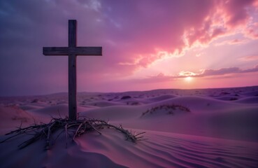 Purple desert landscape at sunset. Wooden cross stands on sand dune. Dry twigs, desert plants surround cross. Scene evocative of religious themes, Lent season. Suitable for religious nature imagery.