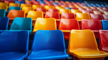 Fototapeta premium Rows of single-colored plastic seats in a grandstand stadium arranged symmetrically captured in a hyperrealistic blurred style under bright daylight symbolizing order simplicity and collective experie