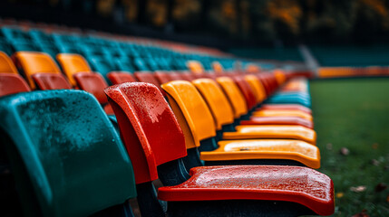 Rows of single-colored plastic seats in a grandstand stadium arranged symmetrically captured in a hyperrealistic blurred style under bright daylight symbolizing order simplicity and collective experie