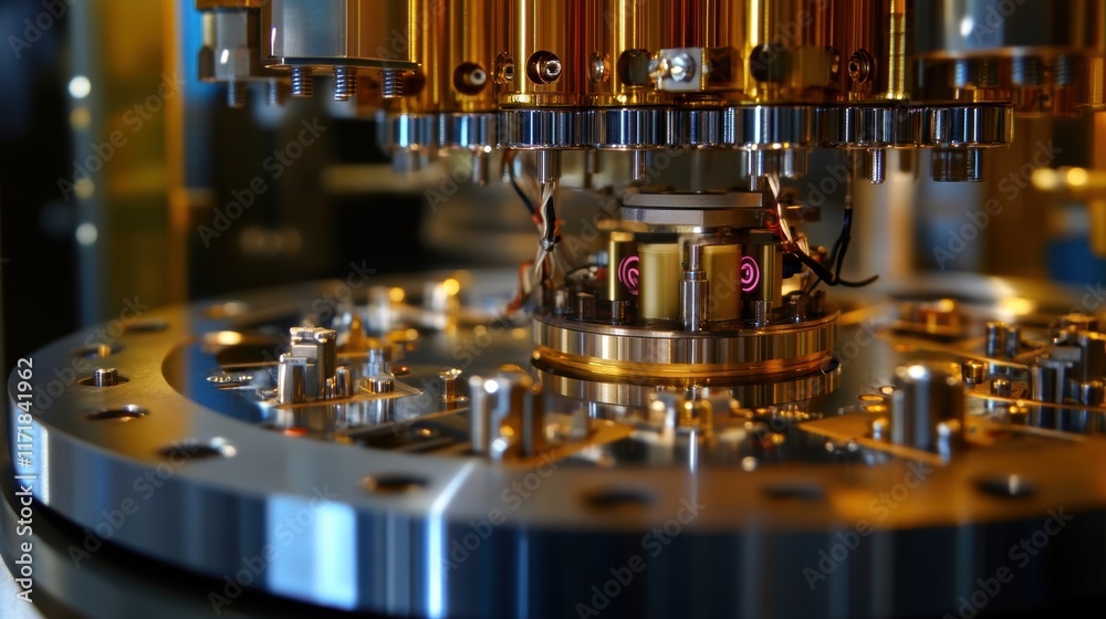 Poster complex machinery with intricate gears and sensors is conducting precise analysis in a controlled la