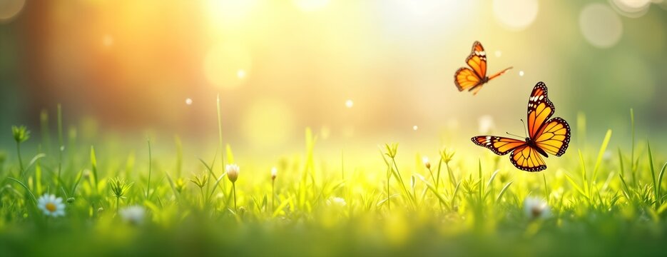 Fresh spring landscape with butterflies. Sunny day in meadow. Green grass and small white flowers. Beautiful nature scene. Perfect for background design. Suitable for spring or summer themes.