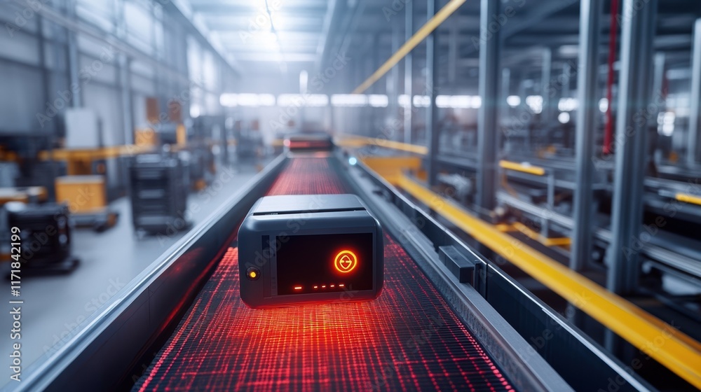 Poster smart package with digital interface and status indicator moving on automated conveyor belt system i