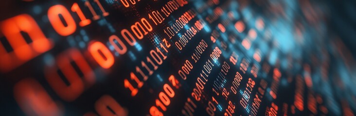 Dark Background with red binary code.
Close-up of binary code lines displayed as bright red numbers on a dark background with blue accents. The design resembles a digital environment or a data stream.