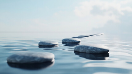 Smooth stones arranged in water creating gentle ripples that radiate outward with a blurred caption space on the side evoking calmness, balance, and tranquility

